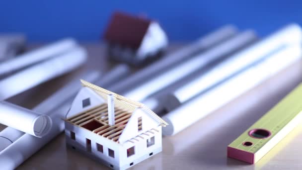 Real Estate Rozvoje Územního Plánování Dům Pod Výstavby Modrotisky Helma — Stock video