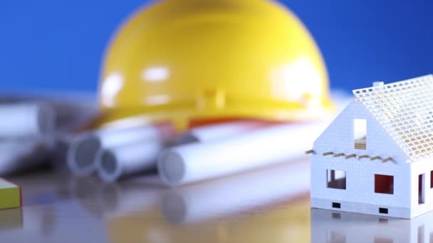 Real Estate Development Development Planning House Construction Blueprints Helmet Rullers — Stock Video