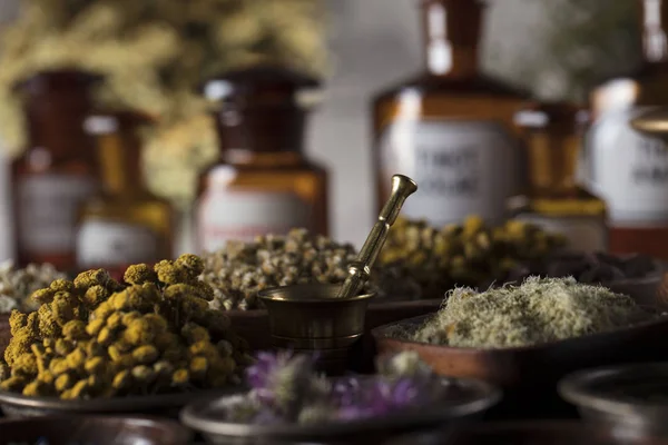 Alternative medicine. Herbs in bowls, mortar and medicine bottles on wooden rustic table.