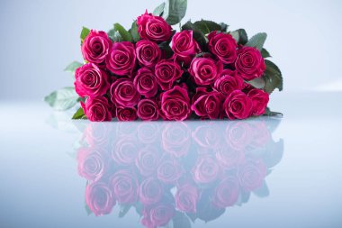 Sevgililer günü kavramı. Beyaz zemin üzerine kırmızı gül buketi. Tipografi için yer.