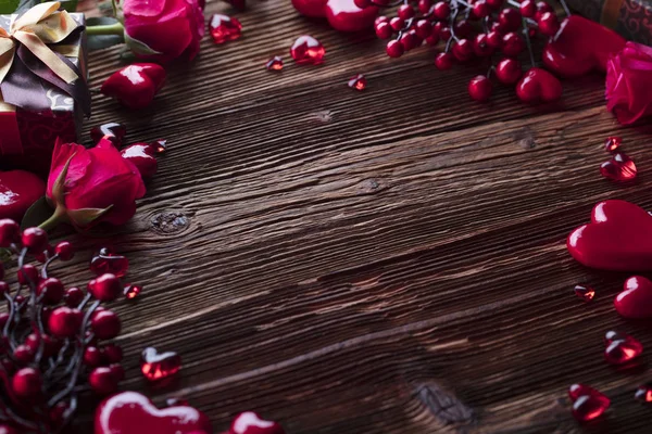 Fondo Del Día San Valentín Corazones Rosas Regalos Decoraciones Románticas — Foto de Stock