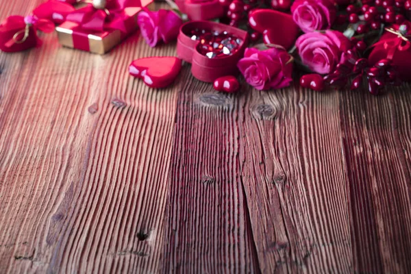 Valentines Day Background Hearts Roses Gifts Romantic Decorations Rustic Wooden — Stock Photo, Image
