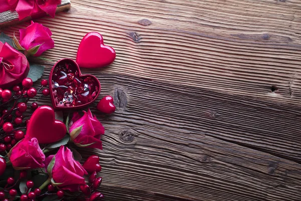 Sfondo San Valentino Cuori Rose Regali Decorazioni Romantiche Tavola Rustica — Foto Stock