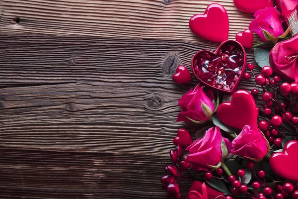 Sfondo San Valentino Cuori Rose Regali Decorazioni Romantiche Tavola Rustica — Foto Stock