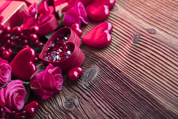 Dia Dos Namorados Fundo Corações Rosas Presentes Decorações Românticas Mesa — Fotografia de Stock