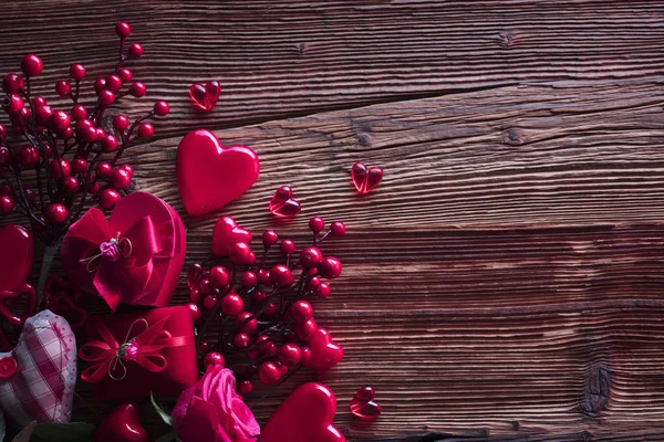 Dia Dos Namorados Fundo Corações Rosas Presentes Decorações Românticas Mesa — Fotografia de Stock