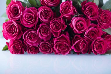 Sevgililer günü kavramı. Beyaz zemin üzerine kırmızı gül buketi. Tipografi için yer.