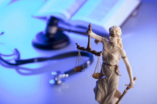 Medical Law Concept Statue Justice Gavel Stethoscope Blue Light Place — Stock Photo, Image