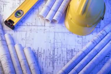 Yüklenici kavramı arka plan. Planları, libela ve kask oluşturucu rulo. Metin için yer.