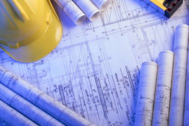 Yüklenici kavramı arka plan. Planları, libela ve kask oluşturucu rulo. Metin için yer.