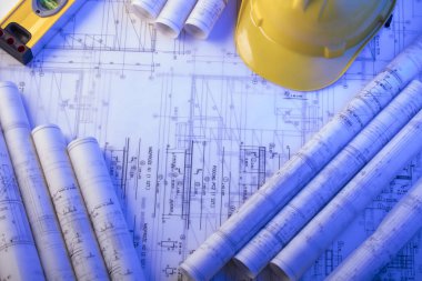 Yüklenici kavramı arka plan. Planları, libela ve kask oluşturucu rulo. Metin için yer.