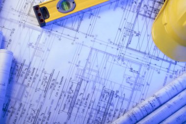 Yüklenici kavramı arka plan. Planları, libela ve kask oluşturucu rulo. Metin için yer.