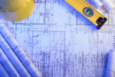 Yüklenici kavramı arka plan. Planları, libela ve kask oluşturucu rulo. Metin için yer.