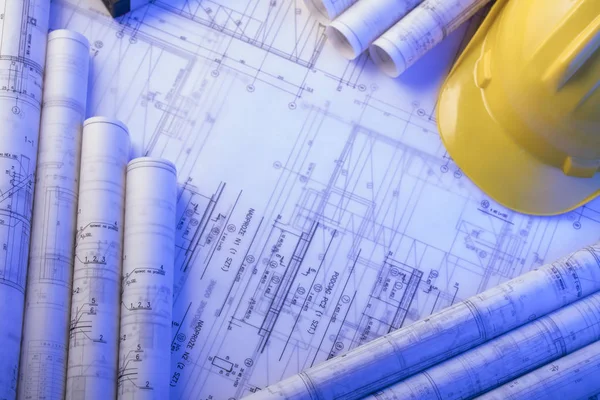 Yüklenici kavramı arka plan. Planları, libela ve kask oluşturucu rulo. Metin için yer.