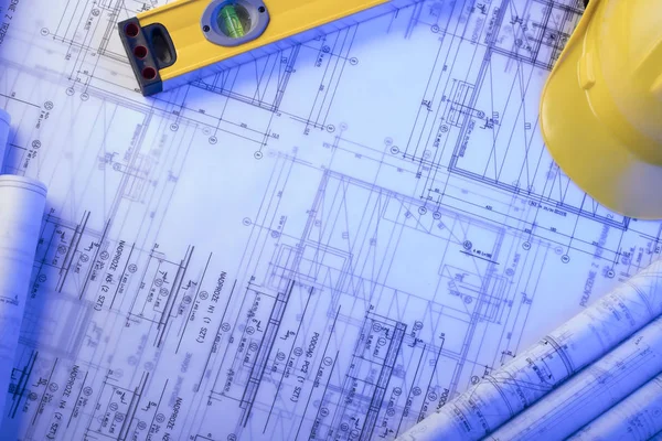 Yüklenici kavramı arka plan. Planları, libela ve kask oluşturucu rulo. Metin için yer.