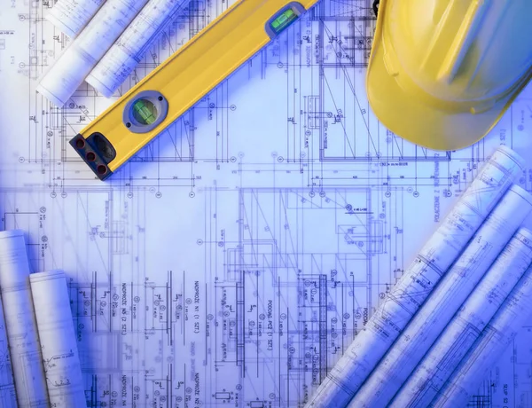 Yüklenici kavramı arka plan. Planları, libela ve kask oluşturucu rulo. Metin için yer.