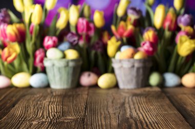 Paskalya Tema. Paskalya yumurtaları. Renkli Lale. Rustik ahşap masa. Odak sığ derinliği. Bokeh arka plan. Typhography için yer.
