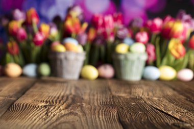 Paskalya Tema. Paskalya yumurtaları. Renkli Lale. Rustik ahşap masa. Odak sığ derinliği. Bokeh arka plan. 
