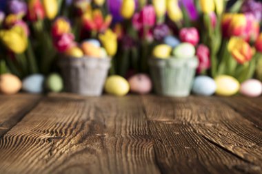 Paskalya Tema. Paskalya yumurtaları. Renkli Lale. Rustik ahşap masa. Odak sığ derinliği. Bokeh arka plan. 