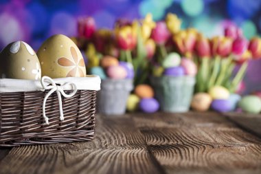 Paskalya arka plan. Paskalya yumurtaları, Lale, rustik ahşap masa. Metin için yer.