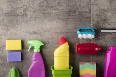 Bahar Temizlik kavramı. Temizleme ürünleri, gri döşeme üzerinde renkli. Tipografi için yer.