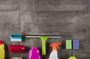 Bahar Temizlik kavramı. Temizleme ürünleri, gri döşeme üzerinde renkli. Tipografi için yer.