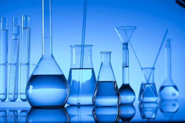 Science Laboratory Laboratory Glassware Test Tubes Research Development Blue Background — Stock Photo, Image