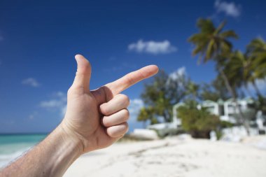 Yaz. Egzotik tatil. Palmiye ağaçları. Turkuaz su. Güneşli mavi gökyüzü. Güzel beyaz kum plaj. Parmak bir Asansör.