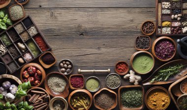 Beslenme Tema. Ahşap rustik masa üzerinde kase içinde baharatlar topluluğu.