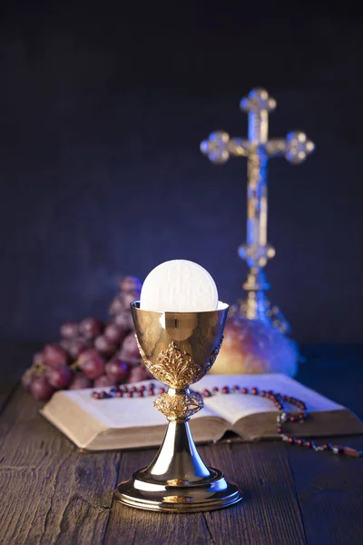 First Holy Communion Theme Cross Holy Bible Rosary Golden Chalice — Stock Photo, Image