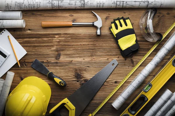 Construction Renovation Concept Building Contractor Tools Wooden Table Top View — Stock Photo, Image