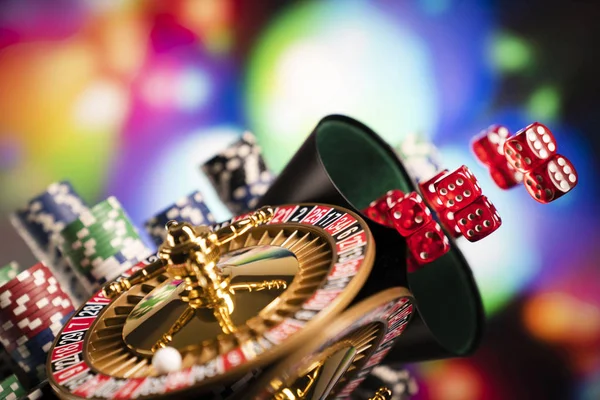 Gambling Theme Dice Roulette Wheel Poker Chips Color Bokeh Background — Stock Photo, Image