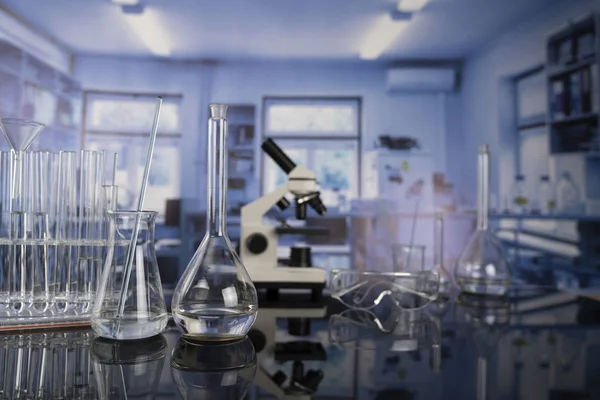 Vetenskapligt Laboratorium Bägare Provrör Och Mikroskop Glasbord Laboratoriet — Stockfoto
