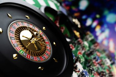 Kumarhane teması, ruleti kapat, kırmızı ve siyah sayılar, arka planda çip yığını