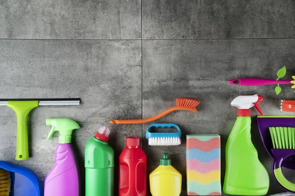 Top View Colorful Cleaning Products Floor House Cleaning Concept — Stock Photo, Image