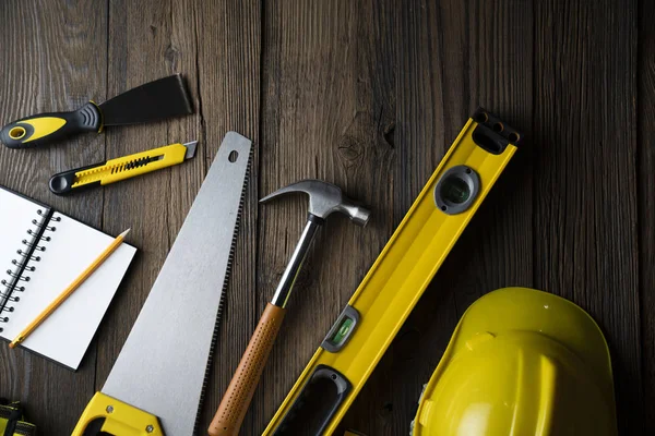 Contractor Concept Yellow Hardhat Libella Other Tools Rustic Wooden Background — Stock Photo, Image