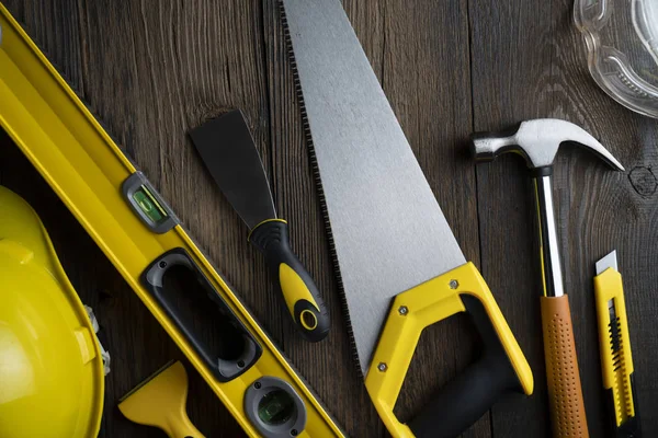 Espacio Copia Con Herramientas Construcción Todo Sobre Fondo Mesa Madera — Foto de Stock