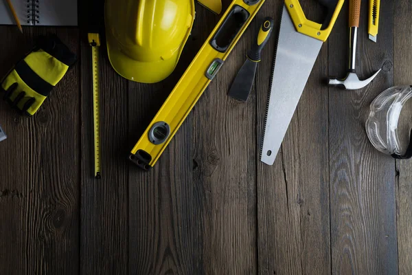 Espacio Copia Con Herramientas Construcción Todo Sobre Fondo Mesa Madera —  Fotos de Stock