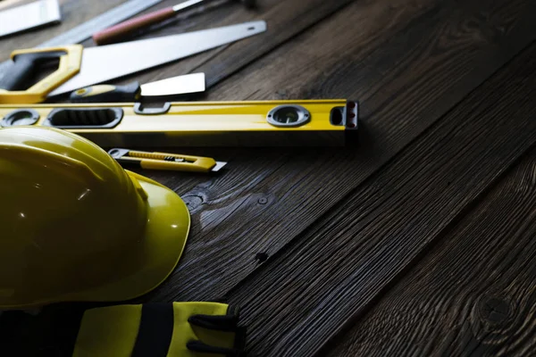 Espacio Copia Con Herramientas Construcción Todo Sobre Fondo Mesa Madera —  Fotos de Stock