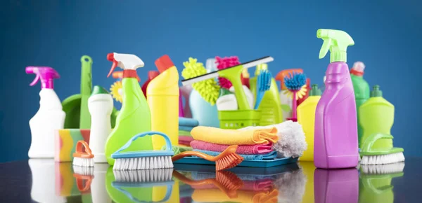 Colorful cleaning products composition. Cleanliness concept.