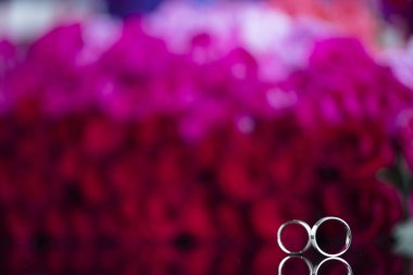 Nişan yüzükleri ve kırmızı güller. Romantik konsept.