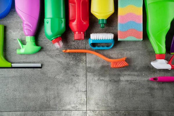Spring House Cleaning Colorful Cleaning Kit Gray Tiles Floor Top — Stock Photo, Image