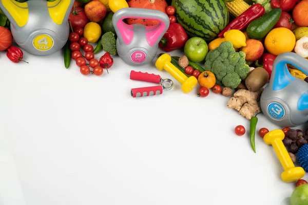 Fitness Konzept Gesunde Ernährung Obst Und Gemüse Geräte Für Fitnessübungen — Stockfoto