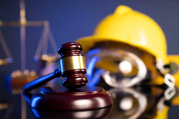 Labour Law Builiding Law Concept Gavel Yellow Crash Helmet Shining — Stock Photo, Image
