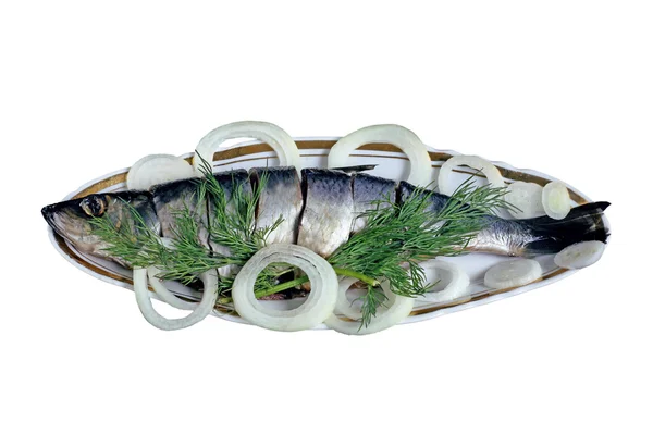 Lekker en leuk vis met uien op een plaat. — Stockfoto