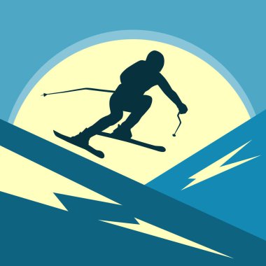 dinlenme ve sağlıklı bir yaşam tarzı dağ tatil. Kar ve sunon bir arka plan soyut dağlar ve güneş. bir kişi hızlı yokuş aşağı kayak gidiyor. karanlık siluet.