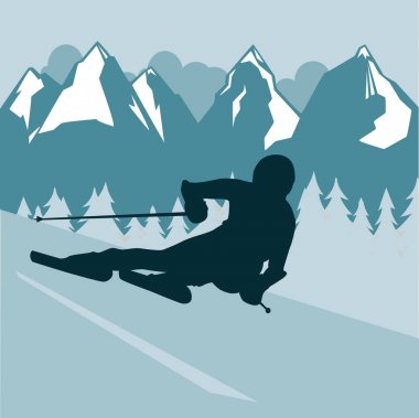 soyut dağların arka planında. Bir insan yokuş aşağı kayak yaparken hızlı gider. koyu renk siluet.