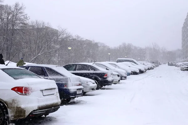 Şehir bir kar fırtınası ve büyük snowdrifts. insanlar hareket ve arabalar stand. yüksek binalar ve ağaçlar.