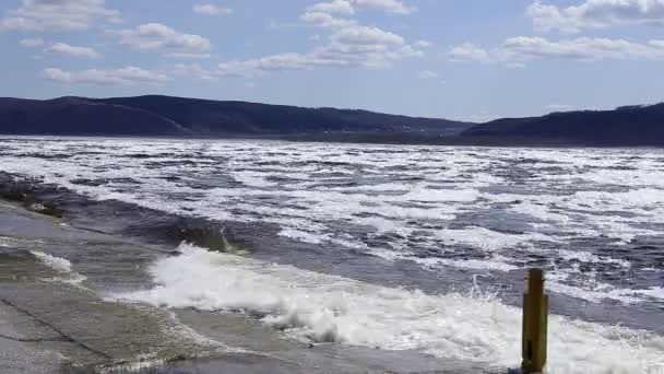 Fluxo Rápido Rio Espuma Está Flutuar Água Poder Natureza — Vídeo de Stock