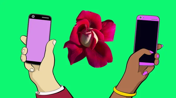 Hand Man Woman Hold Two Smartphones Call Each Other Rose — Stock Photo, Image